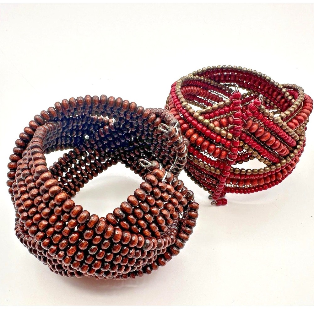 Vintage Multi Row Wood Bead Cuff‎ Bracelet Lot Red Brown Memory Wire Wrap Boho